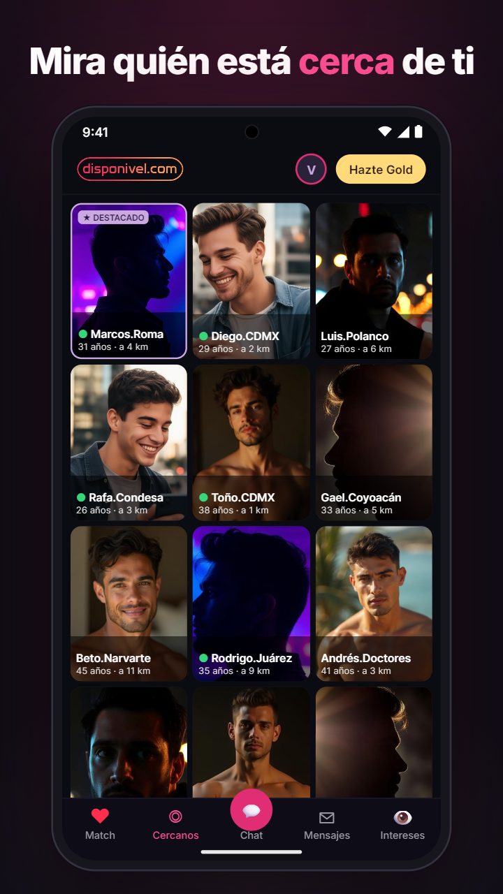 La app Disponivel Gay Chat mostrando hombres cerca